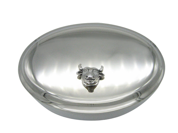 Silver Toned Bull Cow Head Pendant Oval Trinket Jewelry Box