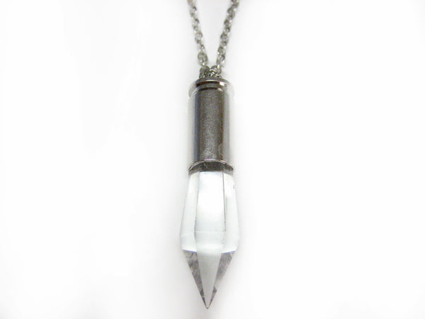 Silver Toned Bullet Casing Style Crystal Pendant Necklace