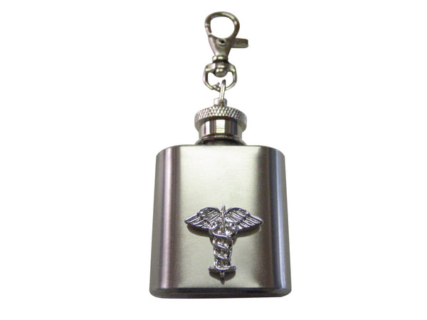 1 Oz. Stainless Steel Key Chain Flask with Silver Toned Caduceus Medical Symbol