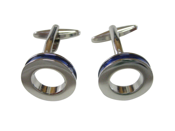 Silver Toned Circle Design Cufflinks With Blue Outline
