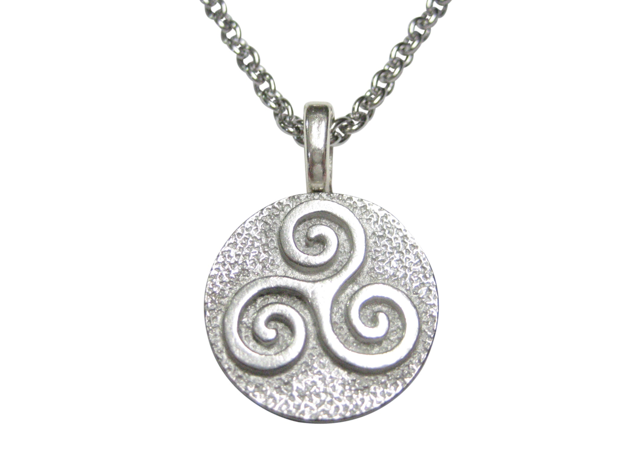 Silver Toned Circular Celtic Triple Tiskelion Spiral Pendant Necklace