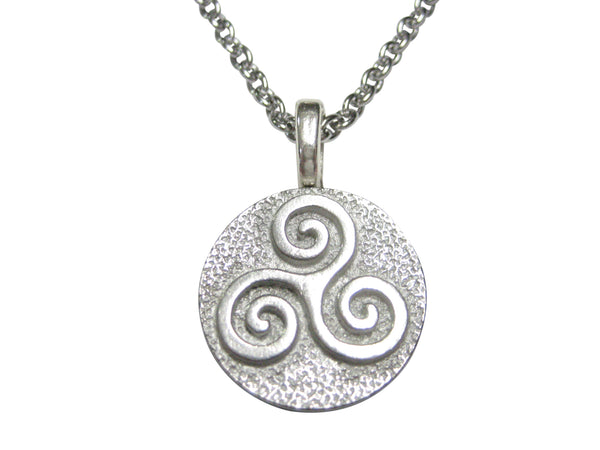 Silver Toned Circular Celtic Triple Tiskelion Spiral Pendant Necklace