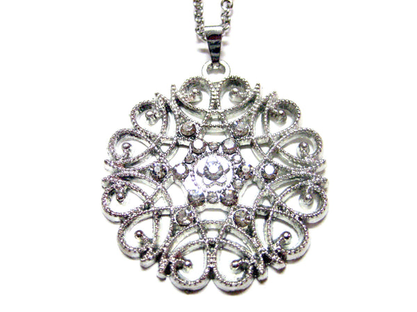 Silver Toned Circular Jeweled Pendant
