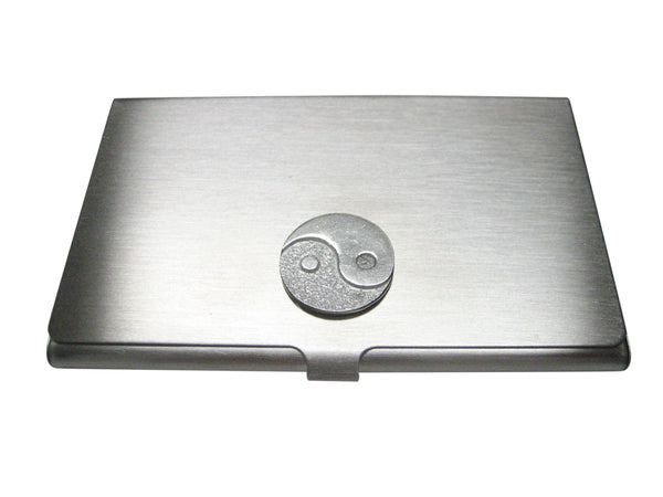 Silver Toned Circular Yin and Yang Symbol Business Card Holder