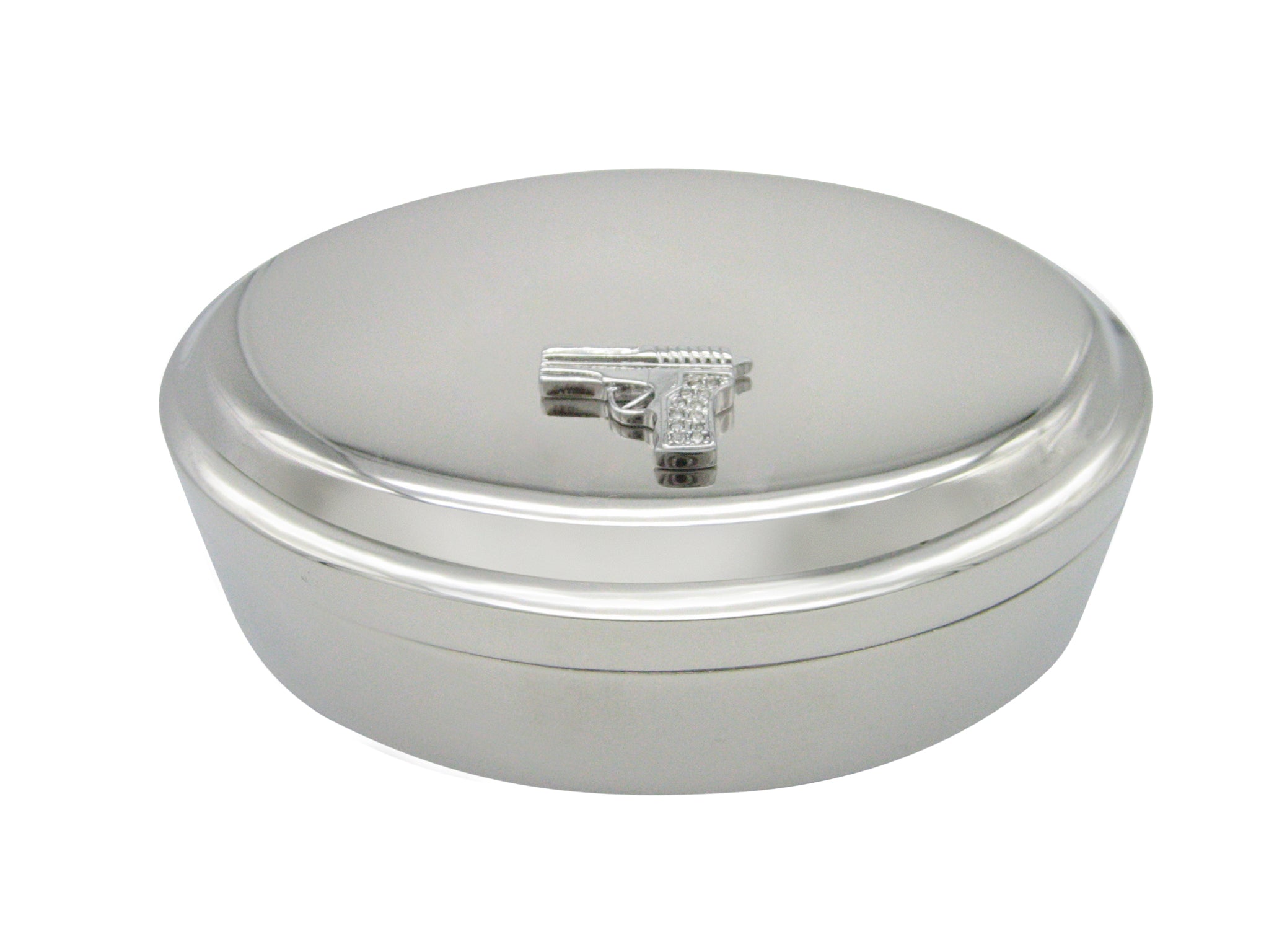 Silver Toned Crystallized Gun Pendant Oval Trinket Jewelry Box