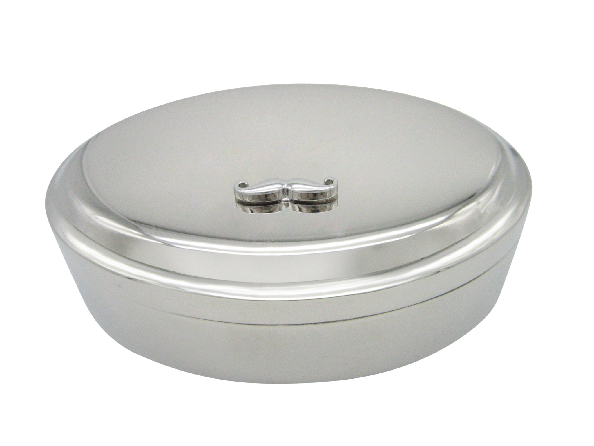 Silver Toned Curly Hipster Mustache Pendant Oval Trinket Jewelry Box