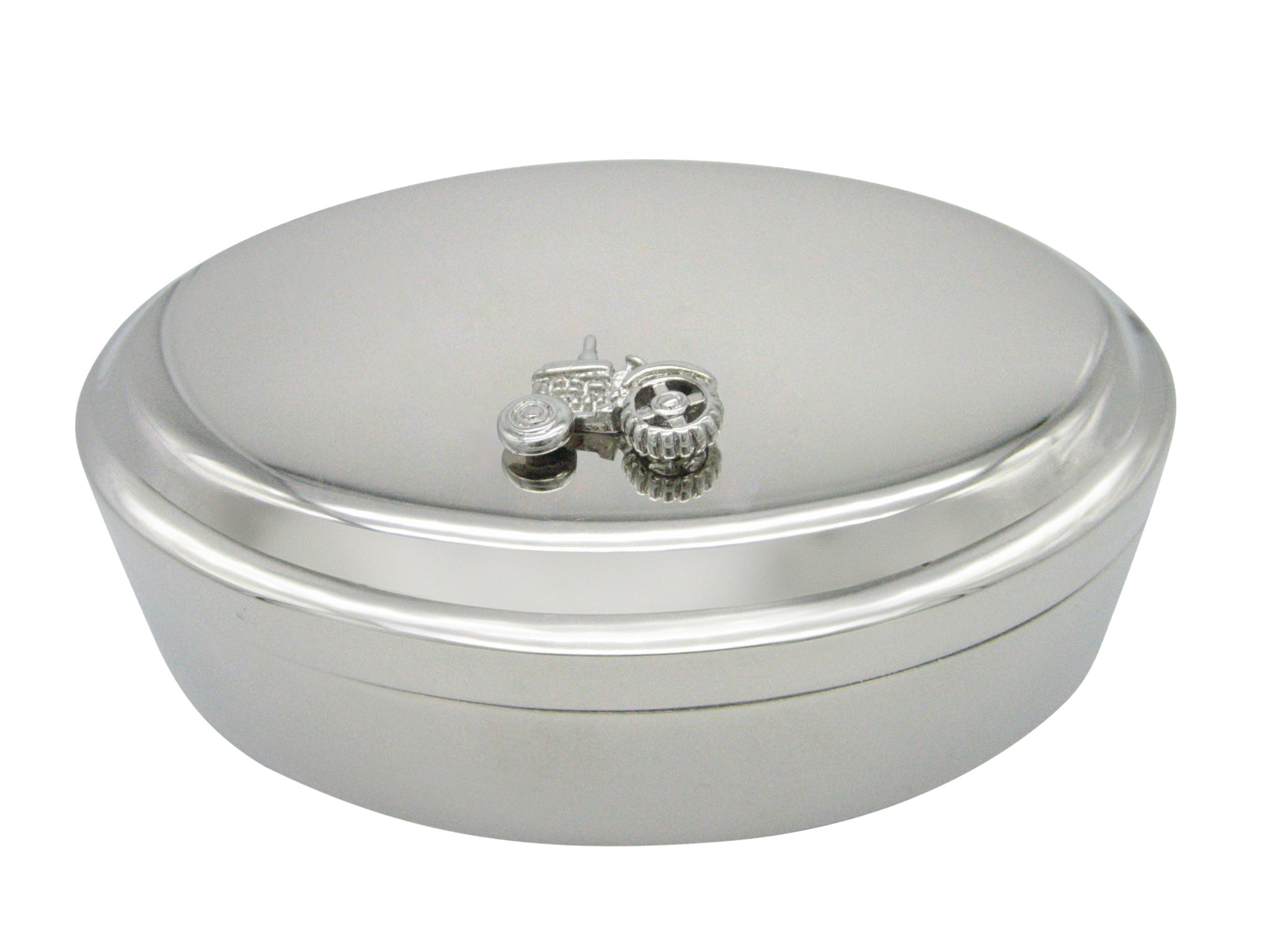 Silver Toned Detailed Farming Tractor Pendant Oval Trinket Jewelry Box