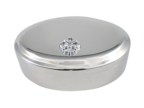 Silver Toned Detailed Fleur de Lys Pendant Oval Trinket Jewelry Box