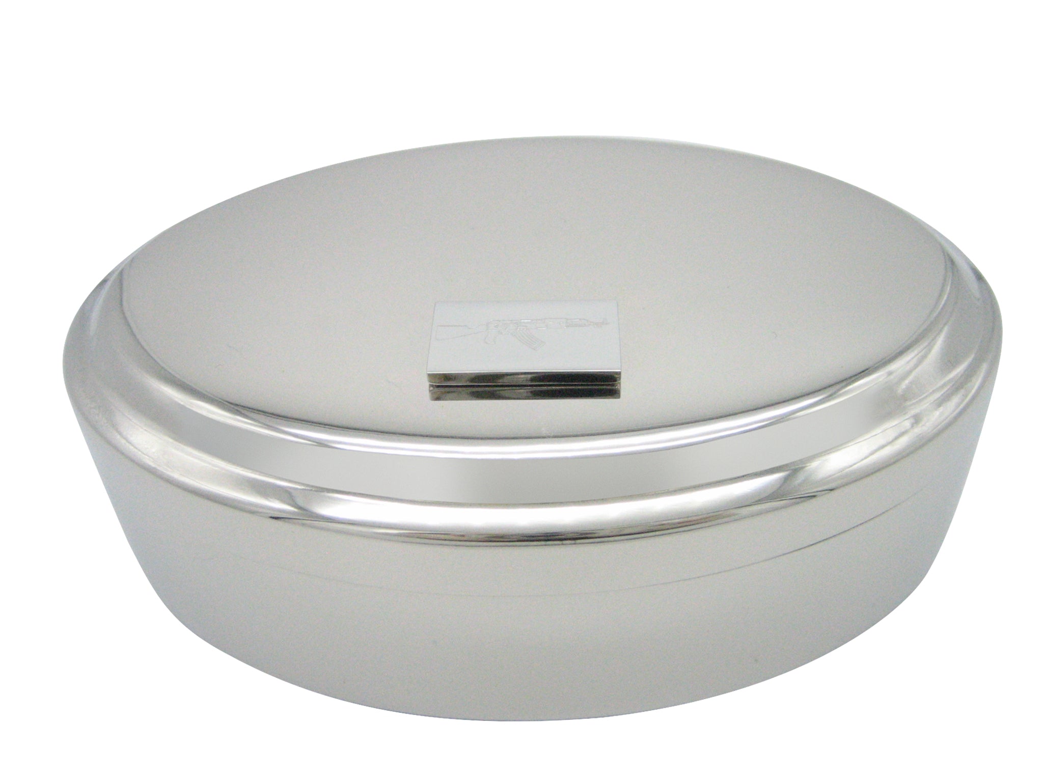 Silver Toned Etched AK47 Rifle Pendant Oval Trinket Jewelry Box