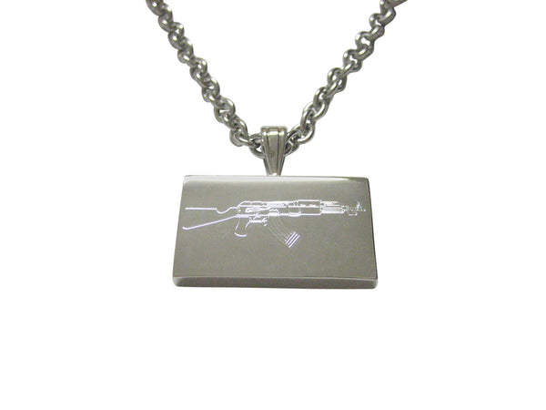 Silver Toned Etched AK47 Rifle V4 Pendant Necklace