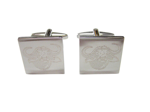 Silver Toned Etched African Buffalo Head Cufflinks