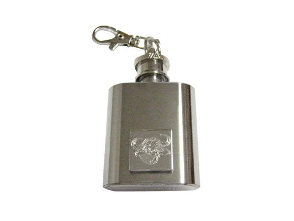 Silver Toned Etched African Buffalo Head 1 Oz. Stainless Steel Key Chain Flask