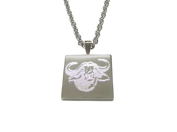Silver Toned Etched African Buffalo Head Pendant Necklace
