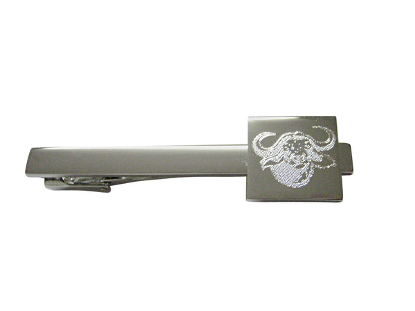Silver Toned Etched African Buffalo Head Square Tie Clip