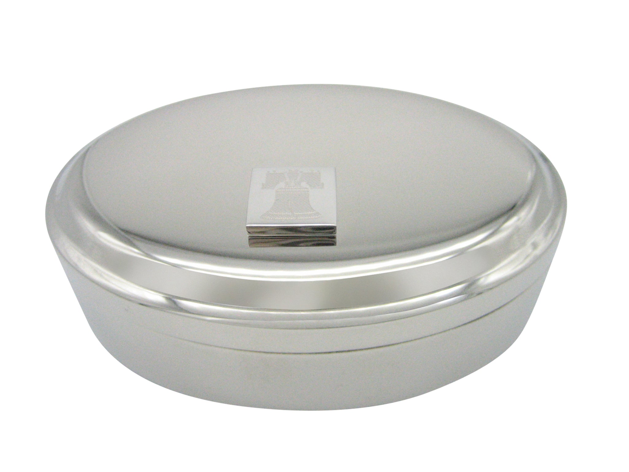 Silver Toned Etched American Liberty Bell Pendant Oval Trinket Jewelry Box