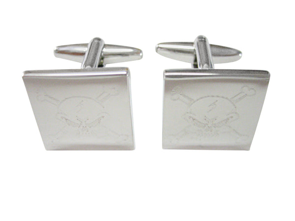 Silver Toned Etched Angry Skull and Crossbones Cufflinks