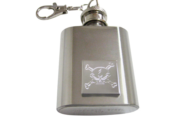Silver Toned Etched Angry Skull and Crossbones Keychain Flask