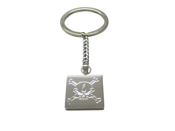 Silver Toned Etched Angry Skull and Crossbones Keychain
