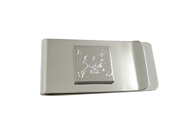 Silver Toned Etched Angry Skull and Crossbones Money Clip