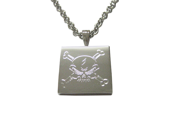 Silver Toned Etched Angry Skull and Crossbones Necklace