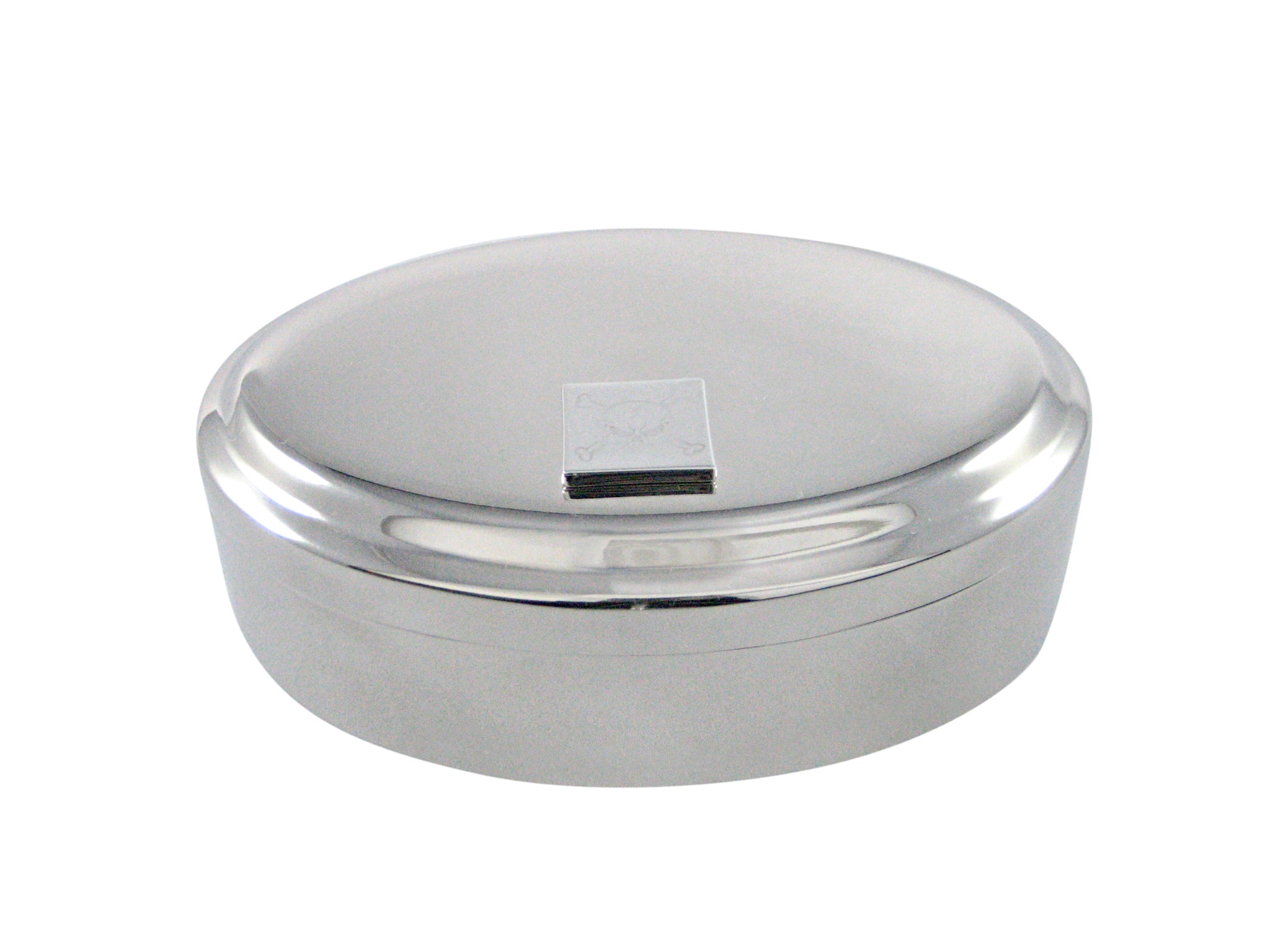 Silver Toned Etched Angry Skull and Crossbones Pendant Oval Trinket Jewelry Box