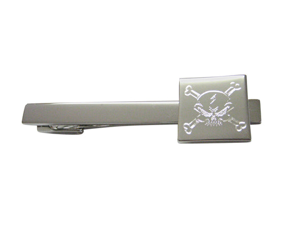 Silver Toned Etched Angry Skull and Crossbones Square Tie Clip