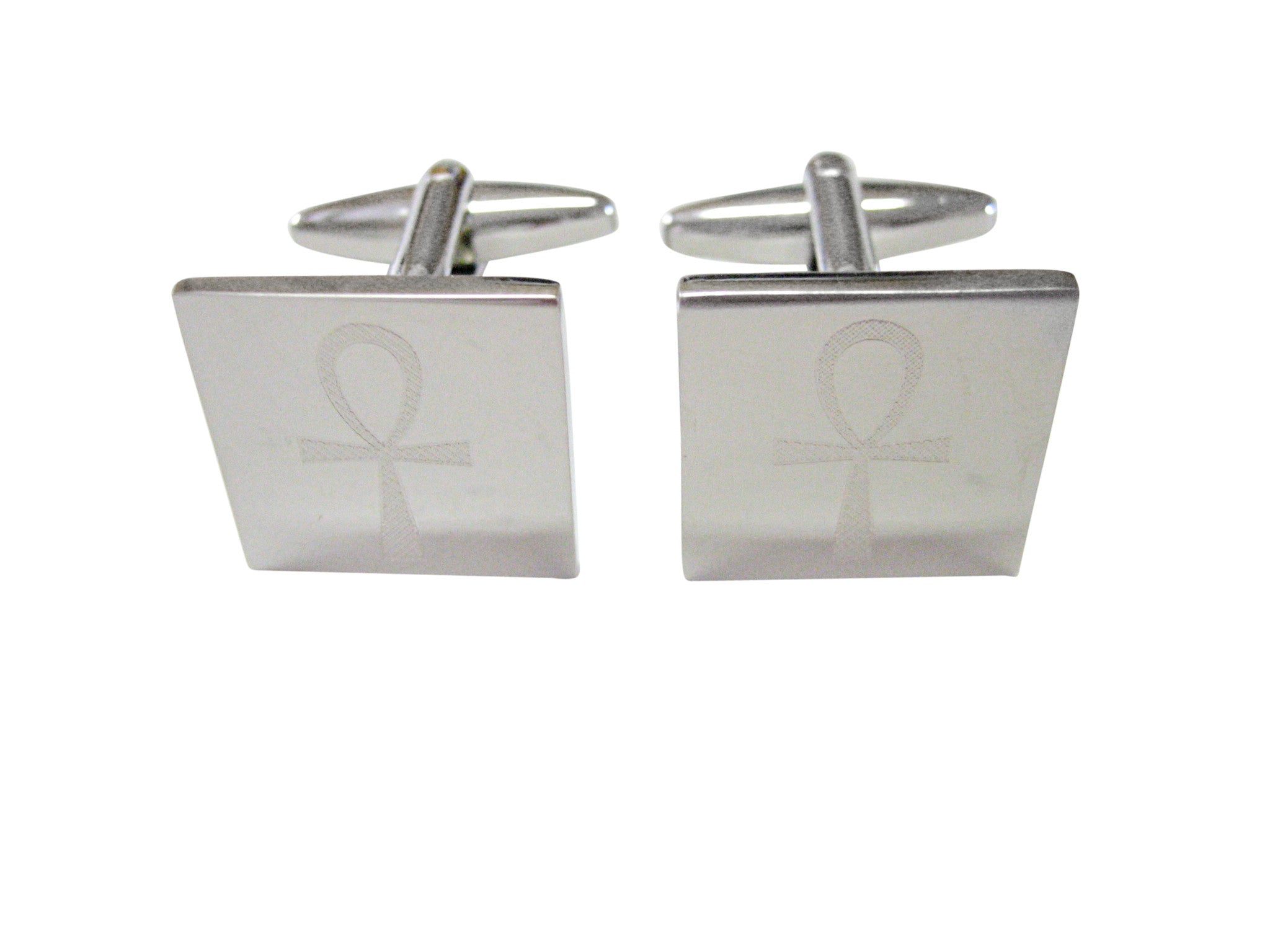 Silver Toned Etched Ankh Cross Cufflinks