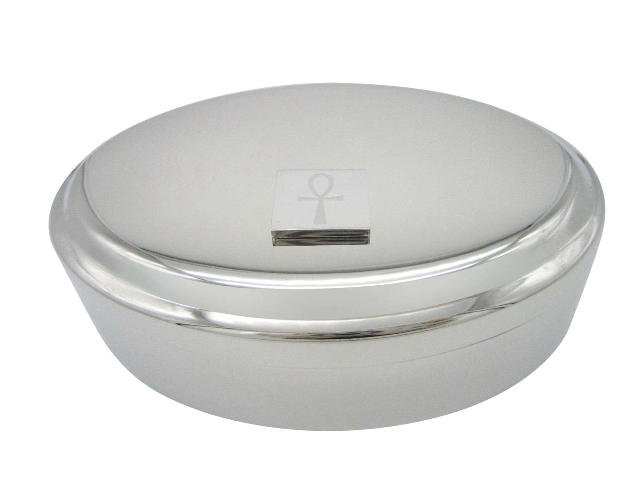 Silver Toned Etched Ankh Cross Pendant Oval Trinket Jewelry Box