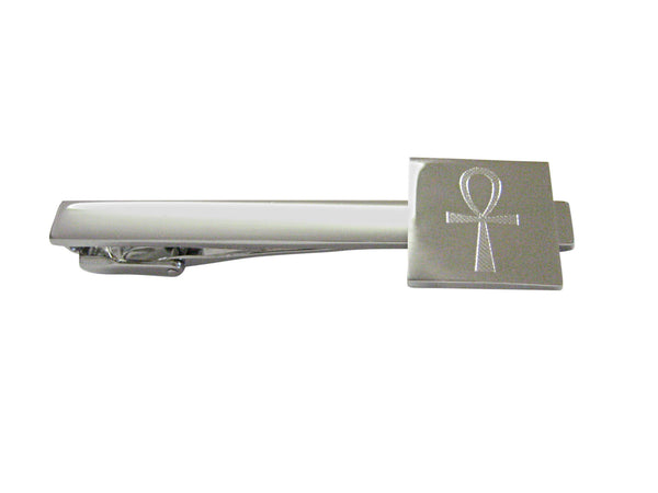 Silver Toned Etched Ankh Cross Square Tie Clip