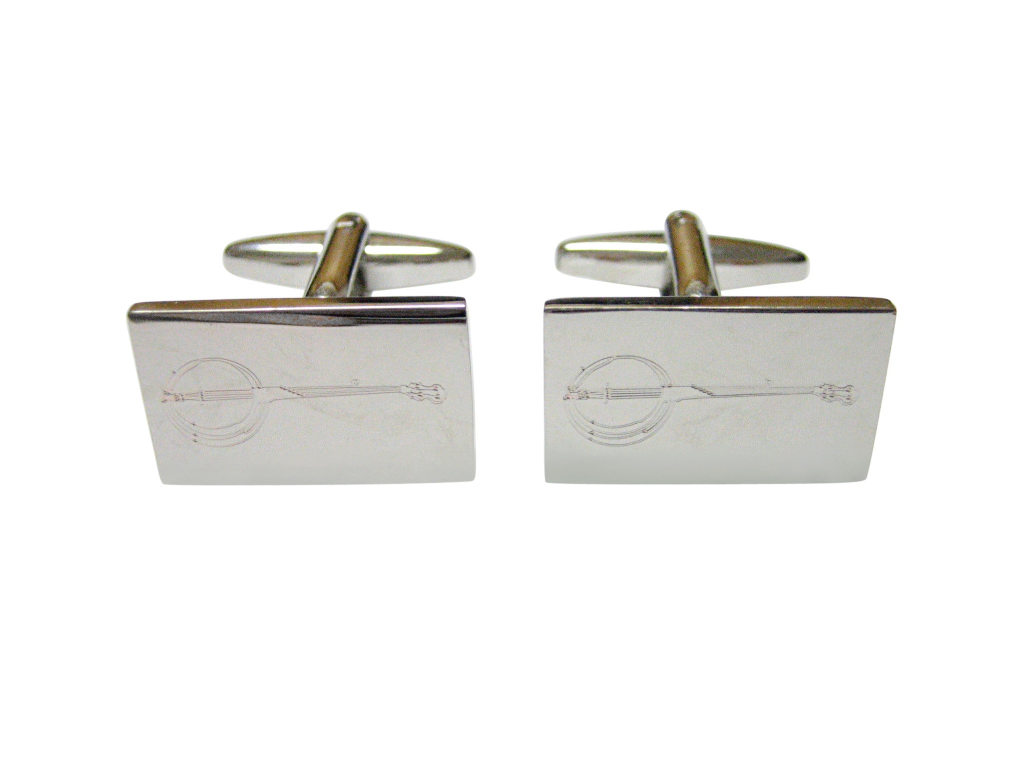 Silver Toned Etched Banjo Music Instrument Cufflinks