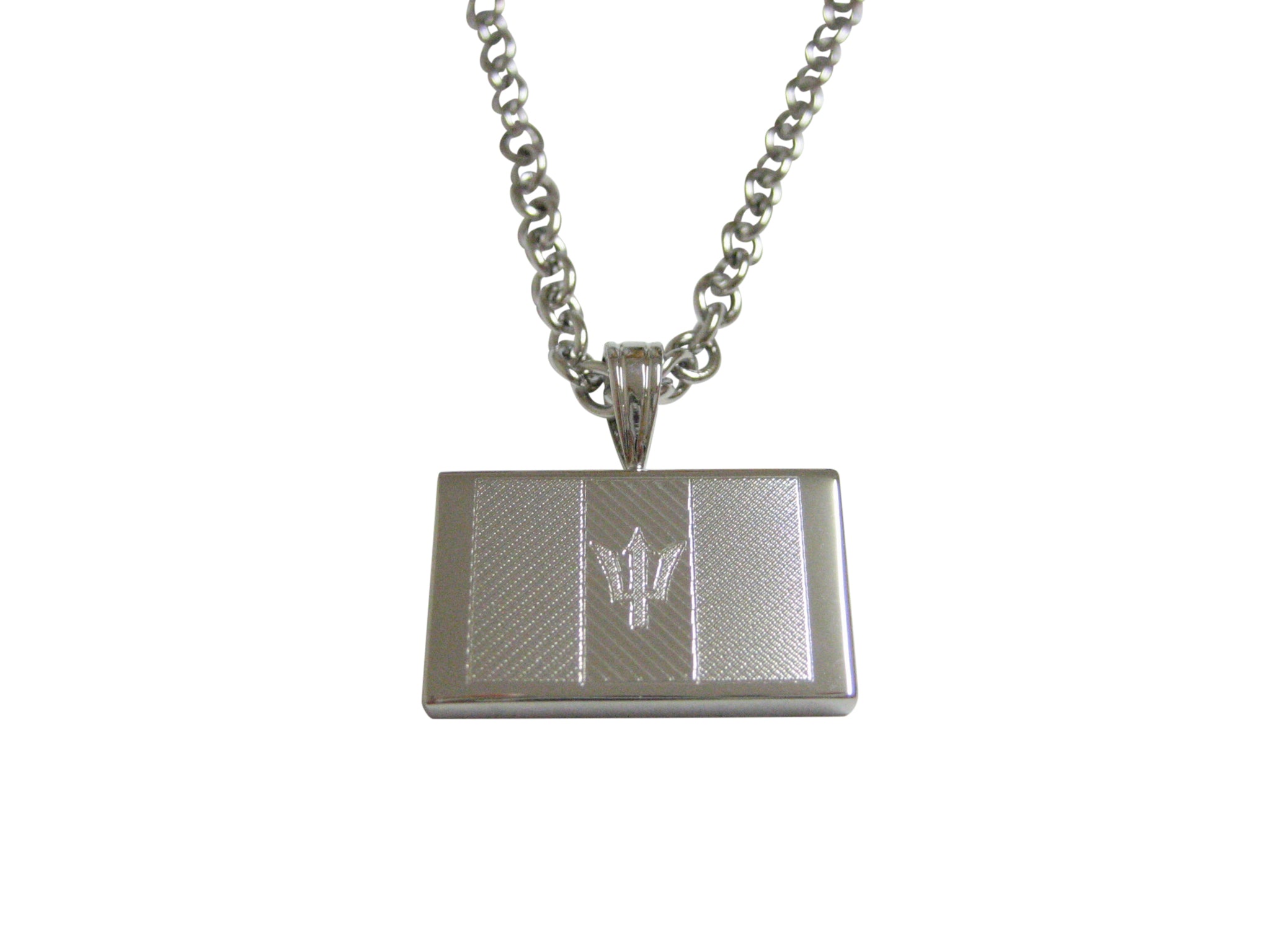 Silver Toned Etched Barbados Flag Pendant Necklace