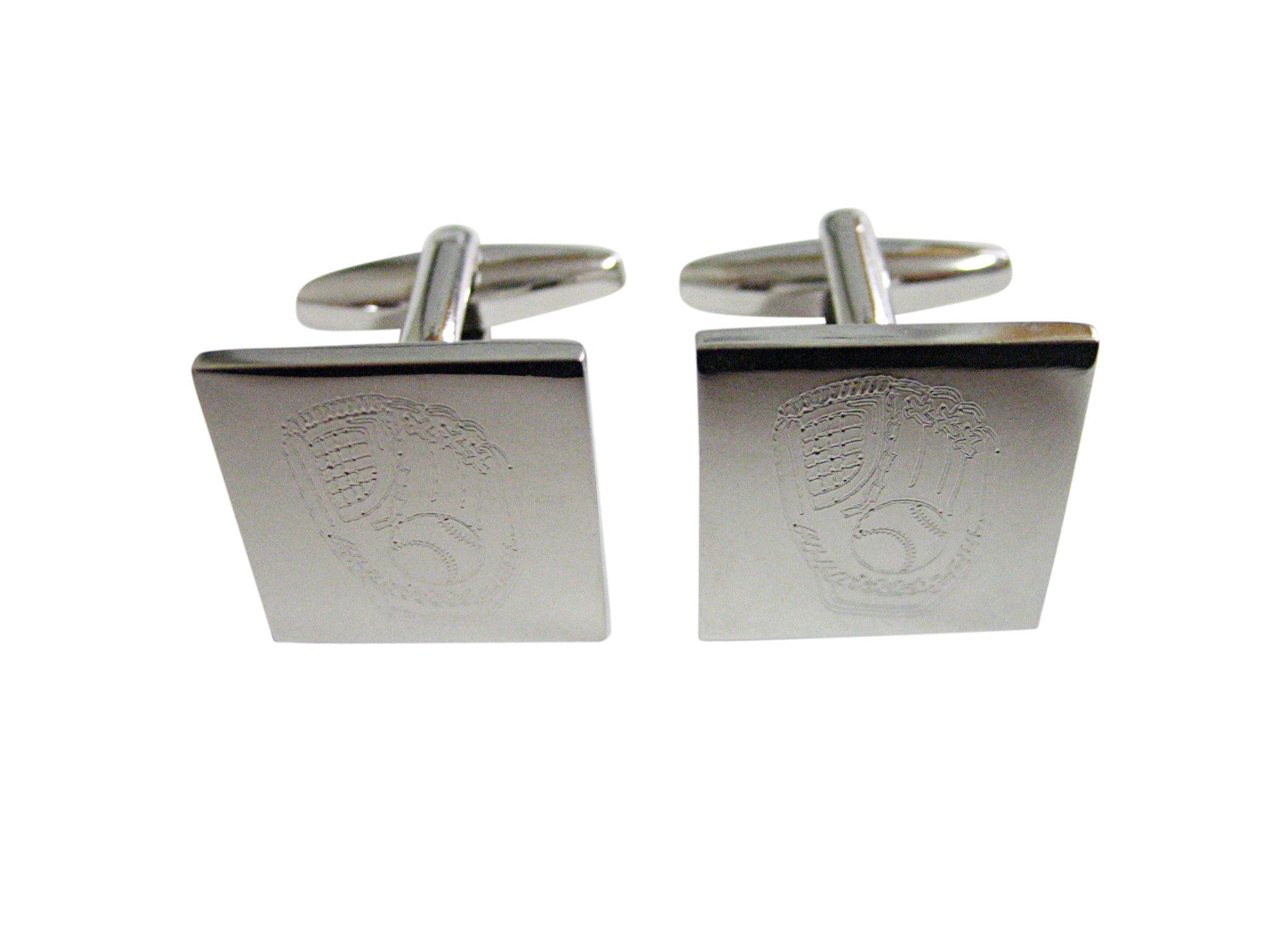 Silver Toned Etched Baseball Glove Cufflinks