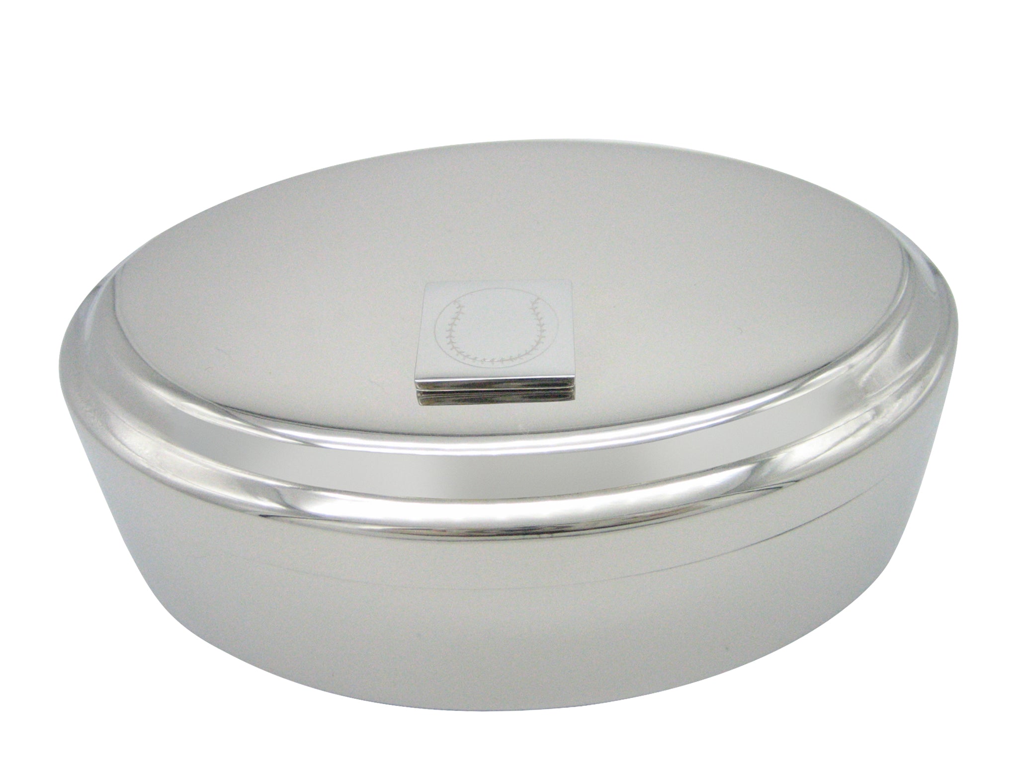 Silver Toned Etched Baseball Pendant Oval Trinket Jewelry Box