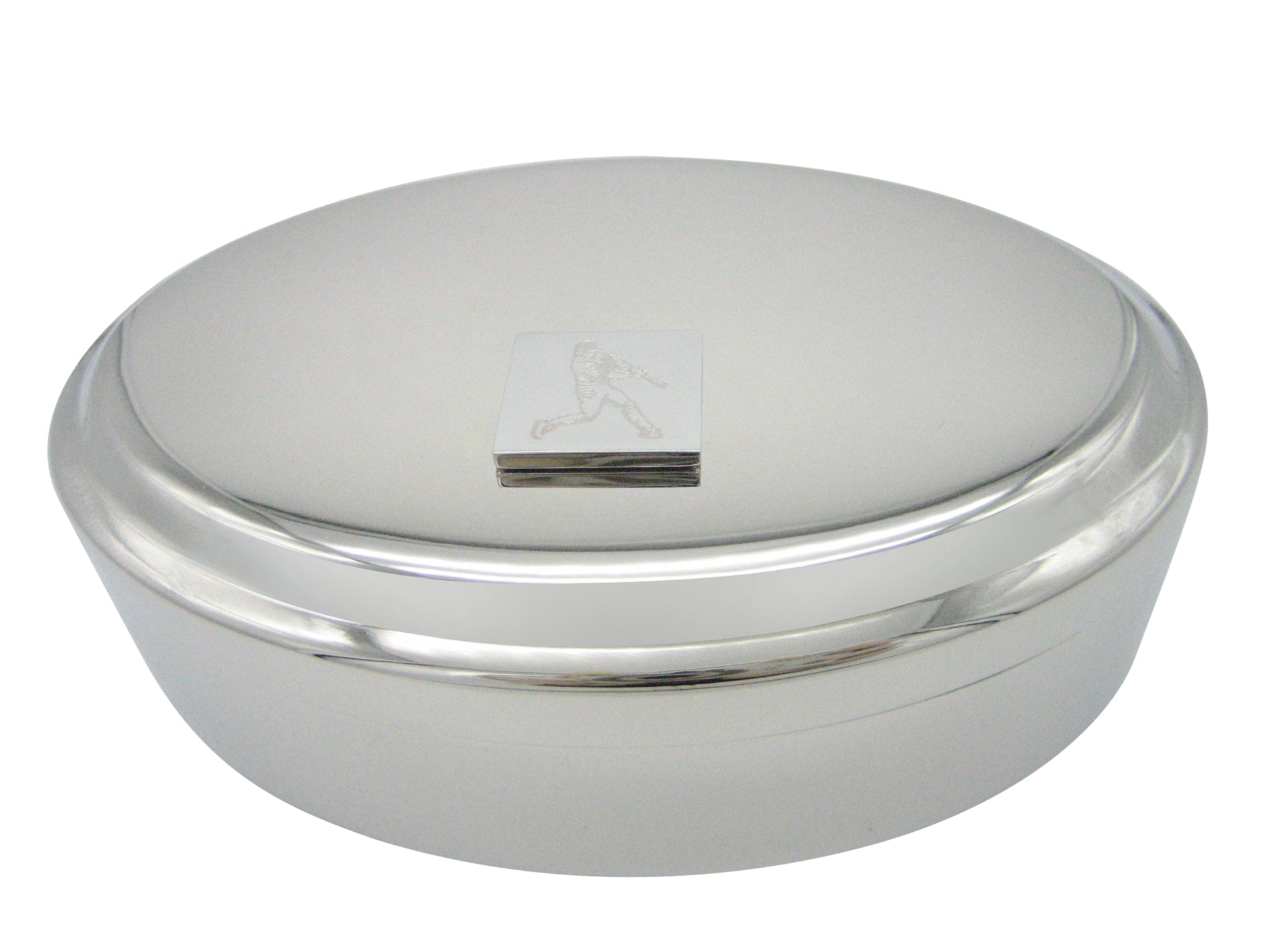 Silver Toned Etched Baseball Player Pendant Oval Trinket Jewelry Box