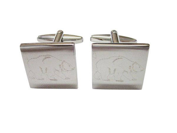 Silver Toned Etched Bear Cufflinks