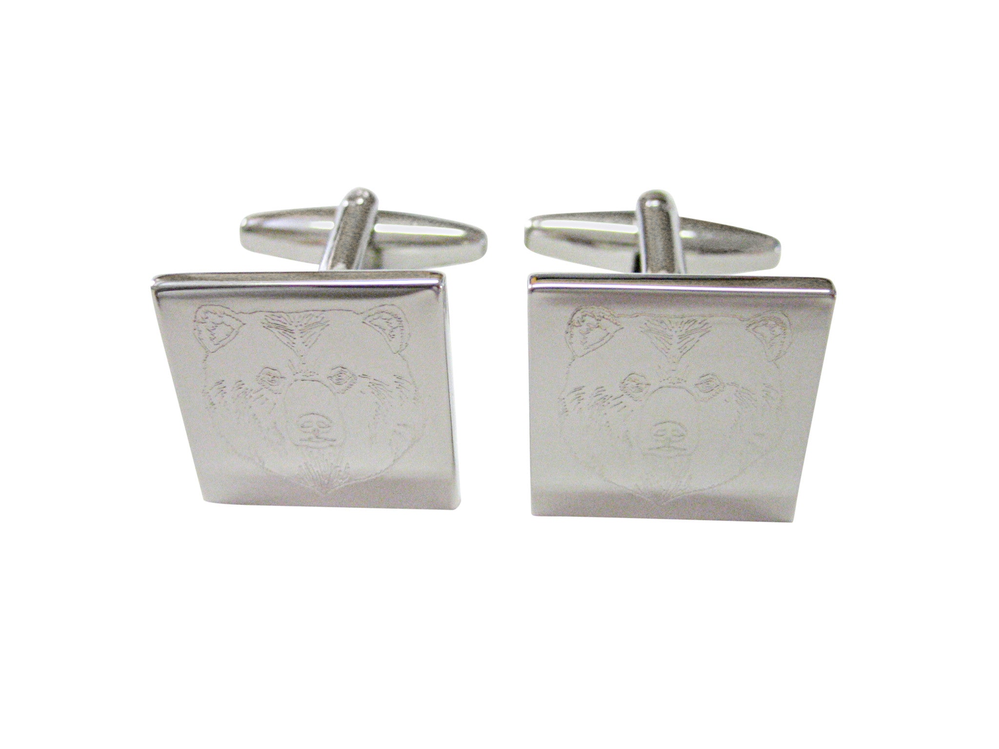 Silver Toned Etched Bear Head Cufflinks