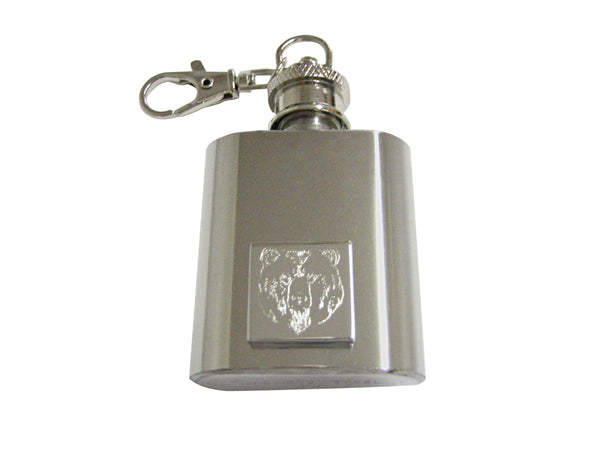 Silver Toned Etched Bear Head 1 Oz. Stainless Steel Key Chain Flask