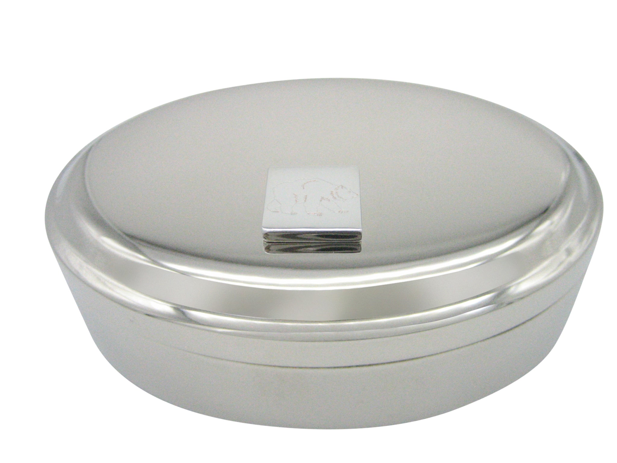Silver Toned Etched Bear Pendant Oval Trinket Jewelry Box