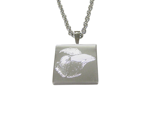 Silver Toned Etched Betta Fish Pendant Necklace
