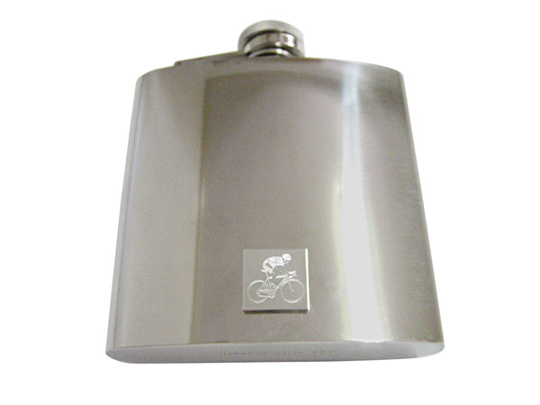 Silver Toned Etched Bicyclist 6 Oz. Stainless Steel Flask
