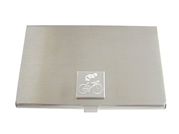 Silver Toned Etched Bicyclist Business Card Holder
