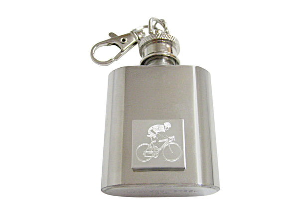 Silver Toned Etched Bicyclist 1 Oz. Stainless Steel Key Chain Flask