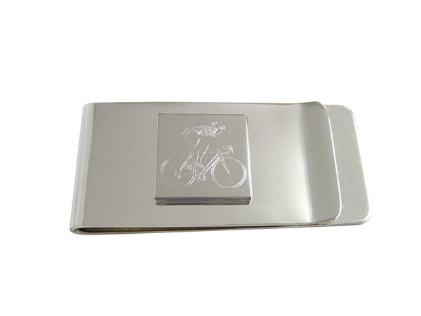 Silver Toned Etched Bicyclist Money Clip