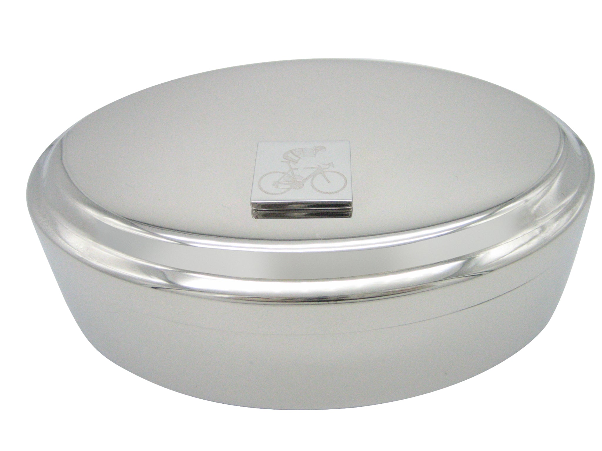 Silver Toned Etched Bicyclist Pendant Oval Trinket Jewelry Box