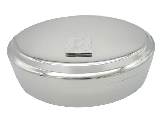 Silver Toned Etched Bicyclist Pendant Oval Trinket Jewelry Box