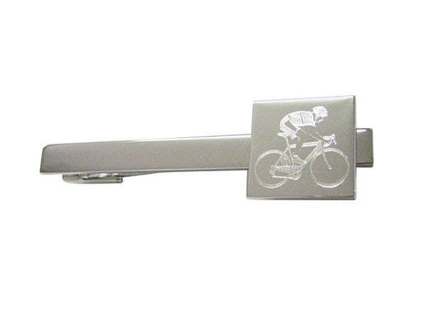 Silver Toned Etched Bicyclist Square Tie Clip