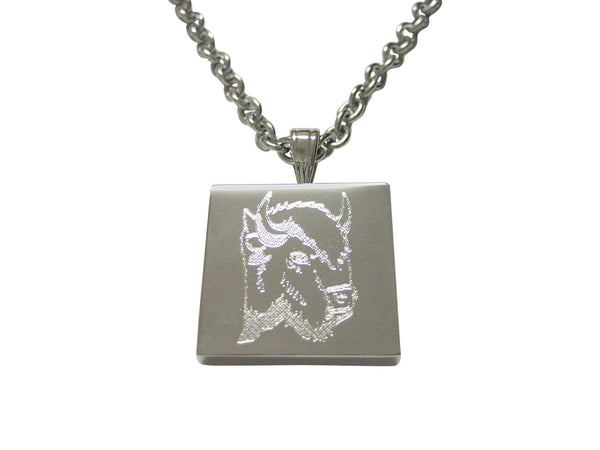 Silver Toned Etched Bison Head Pendant Necklace