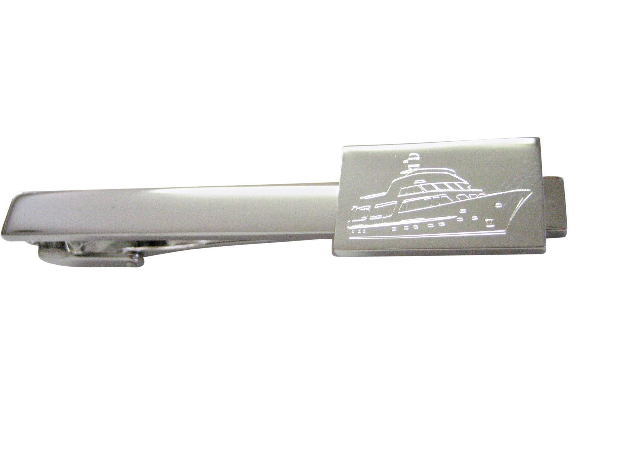 Silver Toned Etched Boat Square Tie Clip
