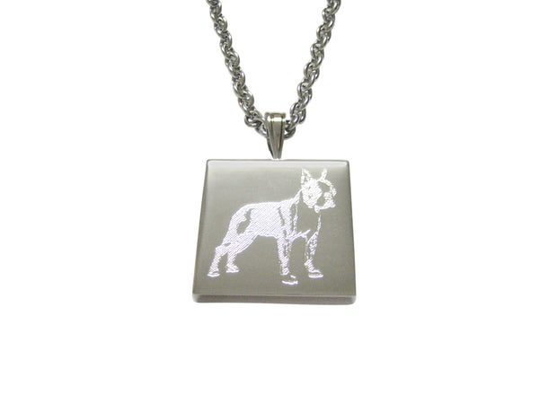Silver Toned Etched Boston Terrier Dog Pendant Necklace