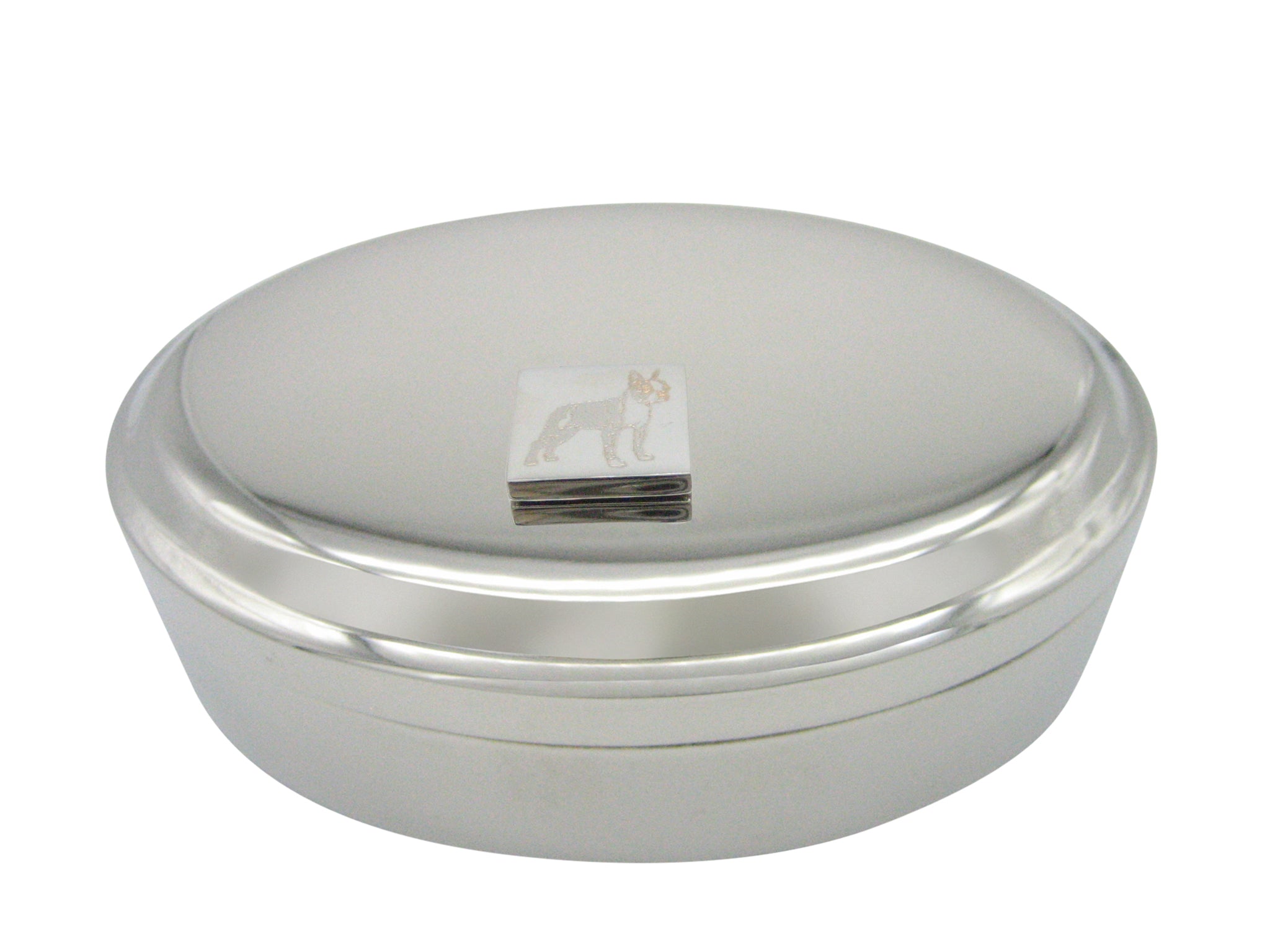 Silver Toned Etched Boston Terrier Dog Pendant Oval Trinket Jewelry Box